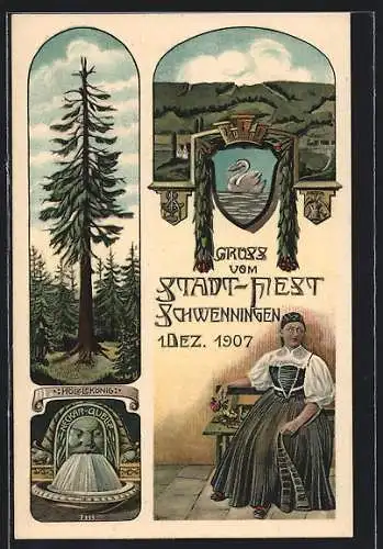AK Villingen-Schwenningen, Stadtfest 1907, Hölzlekönig, Neckar-Quelle, Totalansicht