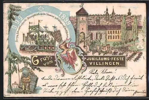 Lithographie Villingen / Baden, Jubiläums-Fest 1899, Herzog Albrecht schreibt Absagebriefe an die Schweizer