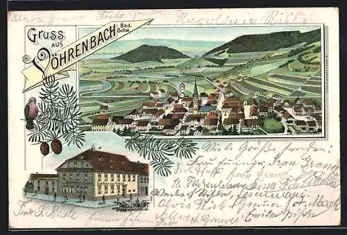 Lithographie Vöhrenbach /Bad. Schw., Gasthaus zum Kreuz, Ortsansicht aus der Vogelschau