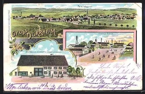 Lithographie Dürrheim, Gasthaus zum Schwert J. Strohm, Ludwig-Saline, Totalansicht