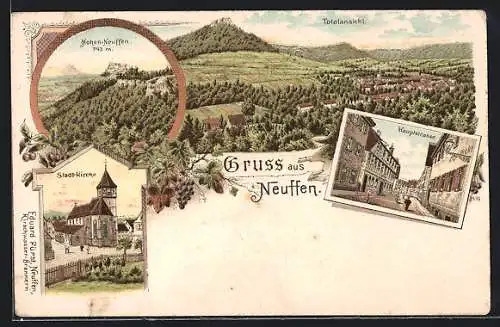 Lithographie Neuffen, Stadtkirche, Hauptstrasse, Totalansicht, Hohen-Neuffen