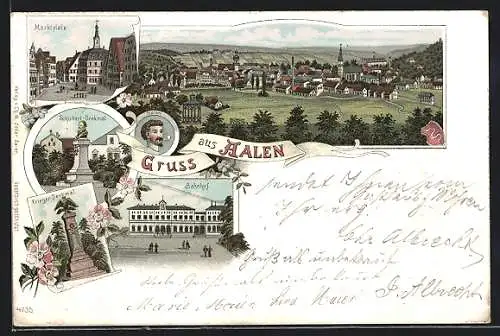 Lithographie Aalen, Bahnhof, Schubart-Denkmal, Marktplatz