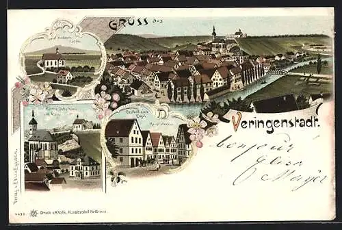 Lithographie Veringenstadt, Gasthof zum Engel an der Hauptstrasse, Wallfahrtskapelle