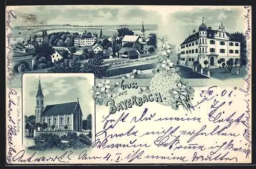 Lithographie Bayerbach / Ergoldsbach, Blick zur Kirche, Besucher am Schloss