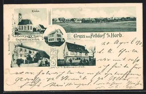 AK Felldorf O/A Horb, Gasthaus zum Hirsch, Restaurant von A. Volk, Ortsansicht