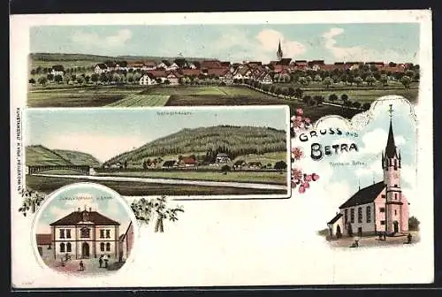 Lithographie Betra, Schul- und Rathaus, Kirche, Ortsansicht