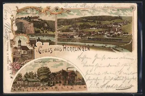 Lithographie Herrlingen, Gasthof zum goldenen Kreuz, Schloss Klingenstein, Panorama