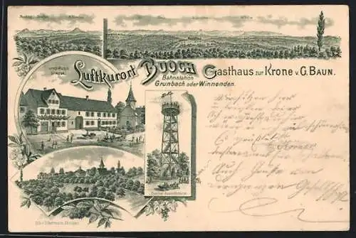 Lithographie Buoch, Gasthaus zur Krone, Aussichtsturm, Panorama