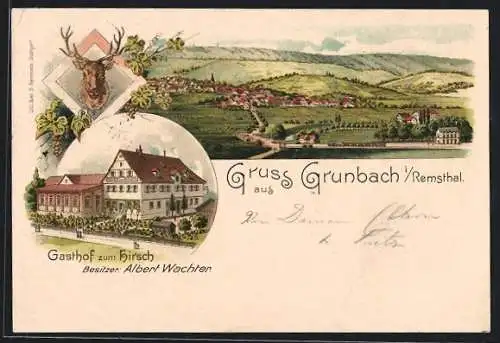 Lithographie Grunbach /Remsthal, Gasthof Zum Hirsch, Totalansicht