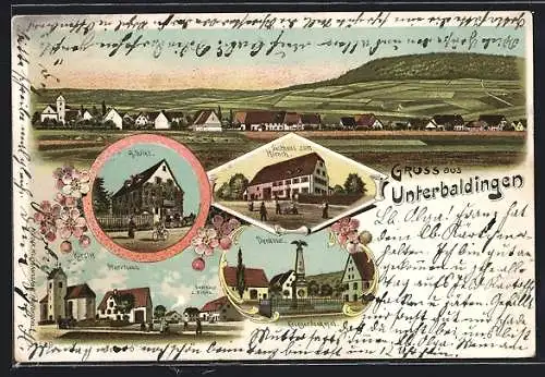 Lithographie Unterbaldingen, Gasthaus zum Hirsch, Gasthaus zur Sonne mit Kirche und Pfarrhaus