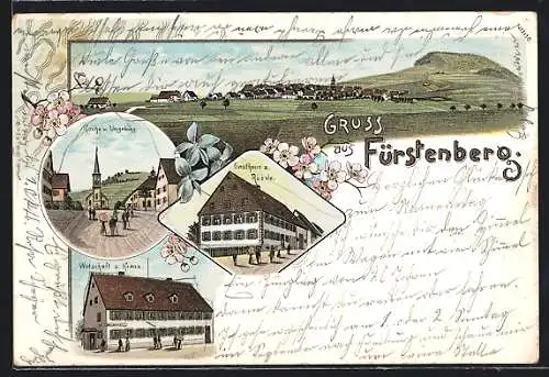 Lithographie Fürstenberg / Hüfingen, Gasthaus zum Rössle, Gasthof zum Kranz, Panorama
