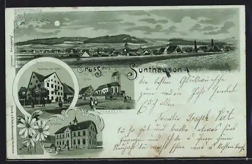 Mondschein-Lithographie Sunthausen, Gasthaus zur Krone, Schule, Kirche