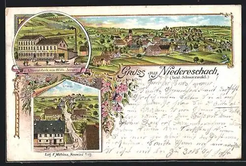 Lithographie Niedereschach /bad. Schwarzwald, Uhrenfabrik von Wilh. Jerger, Ortsansicht, Strassenpartie in Staig