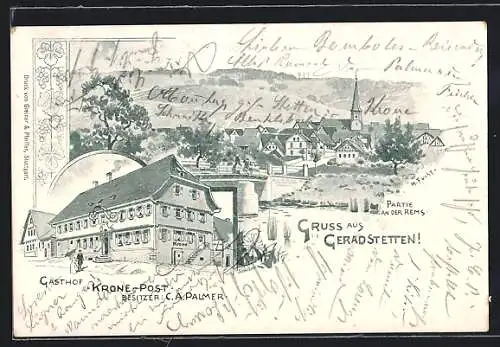 Lithographie Geradstetten, Gasthof Krone-Post, Partie an der Rems