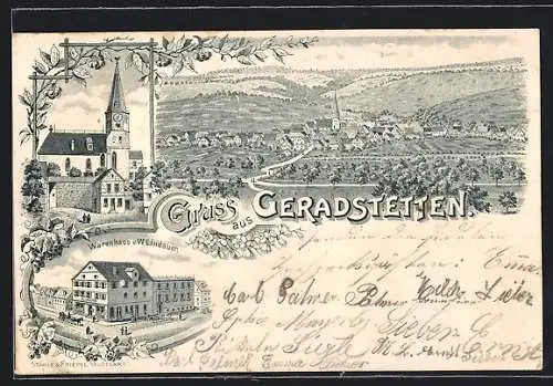 Lithographie Geradstetten, Warenhaus von W. Lindauer, Kirche, Ortsansicht