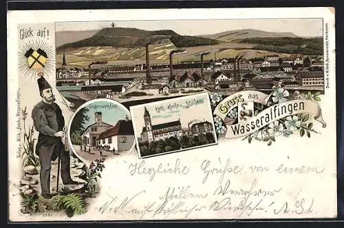 Lithographie Wasseralfingen, Grubenwirtshaus, Grube, Kath. Kirche und Schulhaus