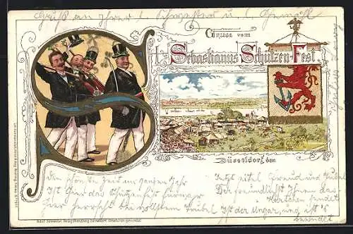 Lithographie Düsseldorf, Sebastianus-Schützenfest mit Wappen