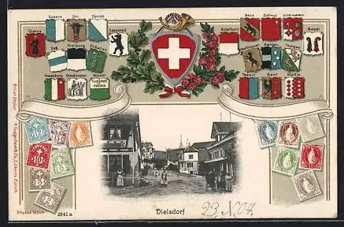 AK Dielsdorf, Strassenpartie, Briefmarken, Wappen