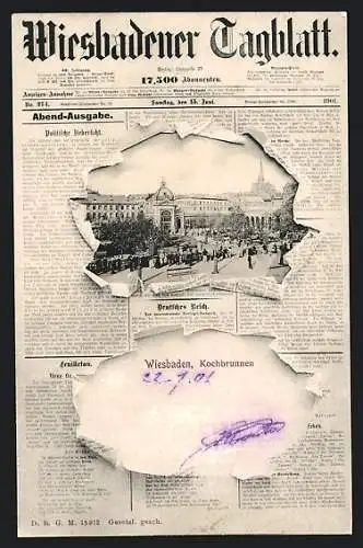 AK Wiesbaden, Zeitung Wiesbadener Tagblatt mit Abbildung vom Kochbrunnen
