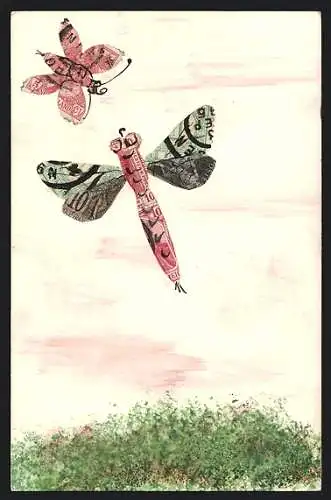 Künstler-AK Schmetterlinge und Libelle aus Briefmarken aufgeklebt, Briefmarkencollage