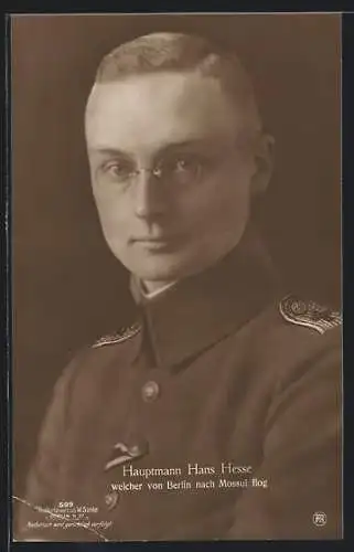 Foto-AK Sanke Nr. 599: Hauptmann Hans Hesse in Uniform
