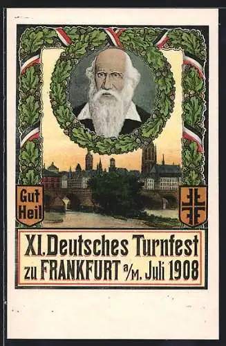 Künstler-AK Frankfurt / Main, XI. Deutsches Turnfest 1908, Stadtansicht, Portrait Turnvater Jahn