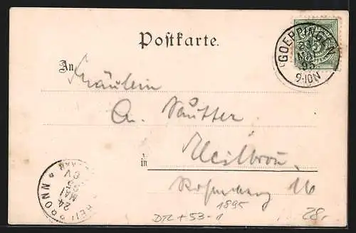 Vorläufer-AK Eybach, 1895, Ortsansicht aus der Vogelschau, Wanderer vor einer Felswand