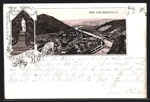 Vorläufer-Lithographie Bad Ems, 1895, Kaiser Wilhelm I. Denkmal, Ortsansicht von Bäderlei