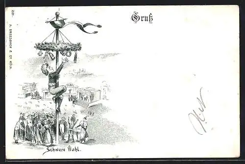 Lithographie Kletterer auf dem Maibaum hat eine schwere Wahl, Private Stadtpost Courier