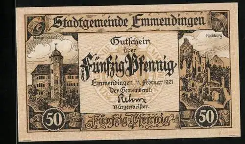 Notgeld Emmendingen 1921, 50 Pfennig, Markgr. Schloss, Hochburg