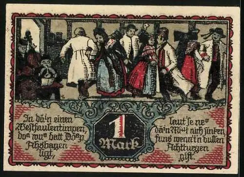 Notgeld Eisbergen a. d. Weser 1921, 1 Mark, Menschen in Tracht beim Tanzen