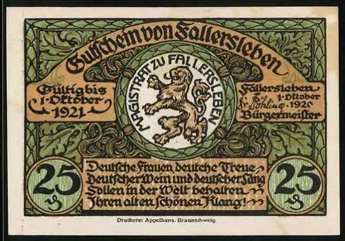 Notgeld Fallersleben 1921, 25 Pfennig, Schloss, Amtsgericht und Kirche