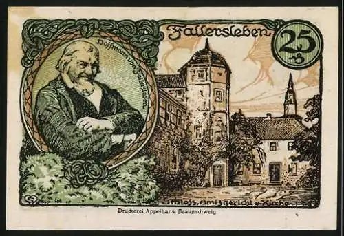 Notgeld Fallersleben 1921, 25 Pfennig, Schloss, Amtsgericht und Kirche