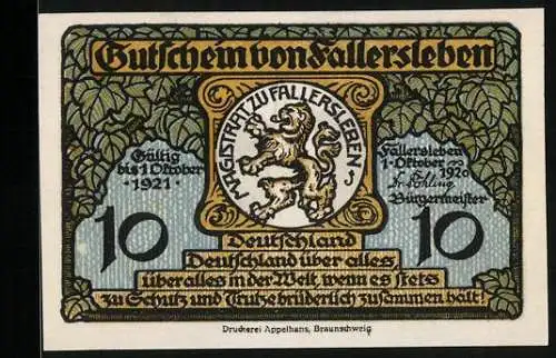 Notgeld Fallersleben 1920, 10 Pfennig, Denkmal von Hoffmann von Fallersleben