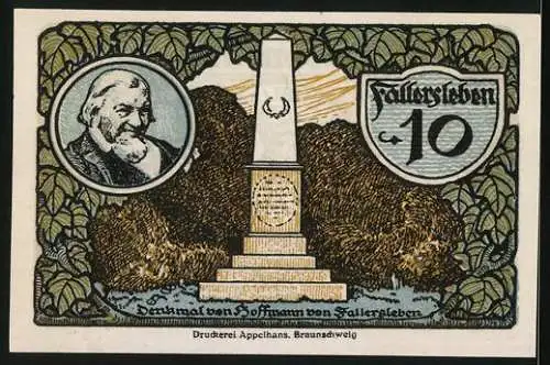 Notgeld Fallersleben 1920, 10 Pfennig, Denkmal von Hoffmann von Fallersleben