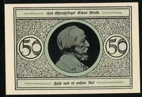 Notgeld Heide, 50 Pfennig, Konterfei von Klaus Groth