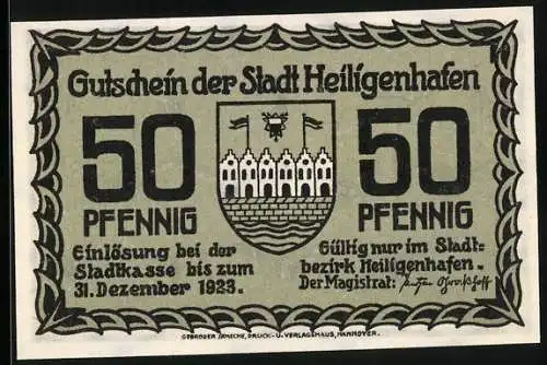 Notgeld Heiligenhafen, 50 Pfennig, Strassenpartie mit einem kleinen Torbogen