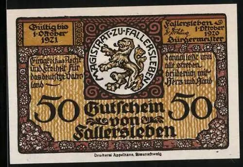 Notgeld Fallersleben 1920, 50 Pfennig, Geburtshaus des Dichters