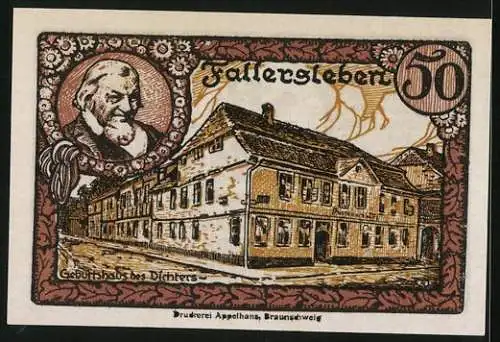 Notgeld Fallersleben 1920, 50 Pfennig, Geburtshaus des Dichters
