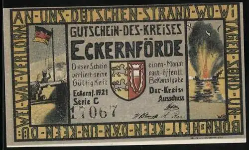 Notgeld Eckernförde 1921, 1 Mark, Brennendes dänisches Schiff auf dem Meer