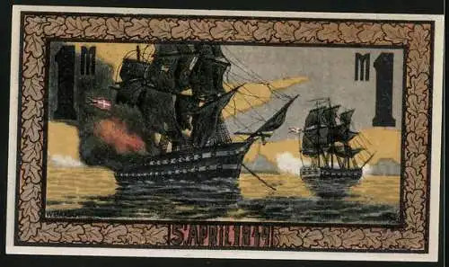 Notgeld Eckernförde 1921, 1 Mark, Brennendes dänisches Schiff auf dem Meer