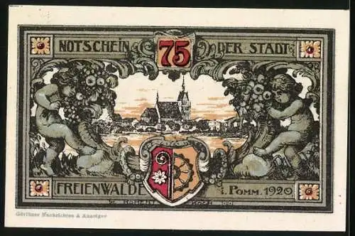 Notgeld Freienwalde in Pomm. 1920, 75 Pfennig, Blick auf die Kirche, Stadt-Siegel