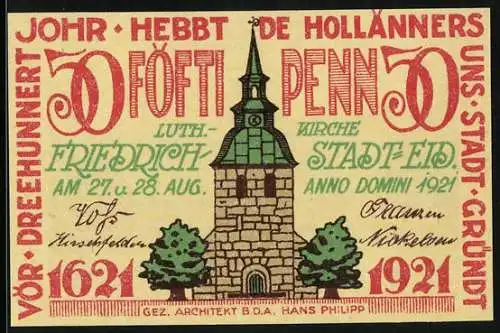 Notgeld Friedrichstadt-Eid. 1921, 50 Pfennig, Die Luth. Kirche