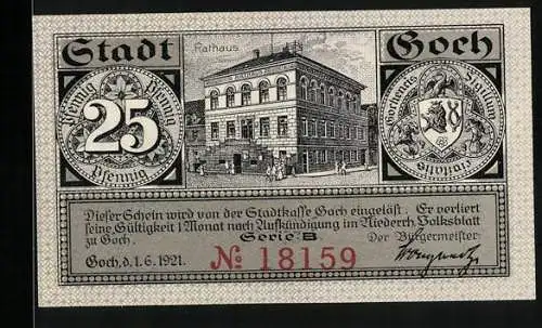 Notgeld Goch 1921, 25 Pfennig, Rathaus, Haus Zu den Fünf Ringen, Steintor