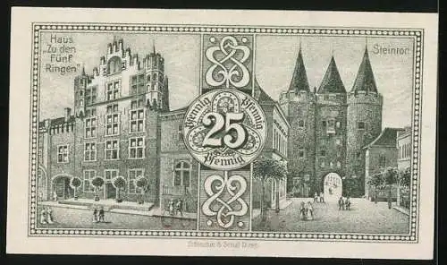 Notgeld Goch 1921, 25 Pfennig, Rathaus, Haus Zu den Fünf Ringen, Steintor