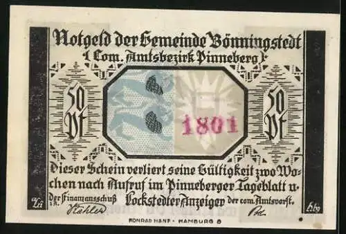 Notgeld Bönningstedt, 50 Pfennig, Frau betet auf den Knien