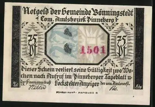 Notgeld Bönningstedt, 75 Pfennig, Konterfei von Claus Groth