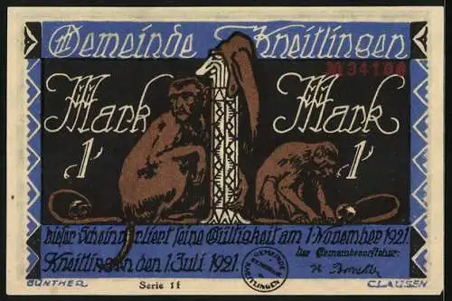 Notgeld Kneitlingen 1921, 1 Mark, Eulenspiegel backt Meerkatzen und Eulen