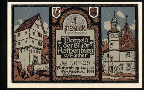 Notgeld Rothenburg o. Tauber 1921, 1 Mark, Brückenturm, Rathaus