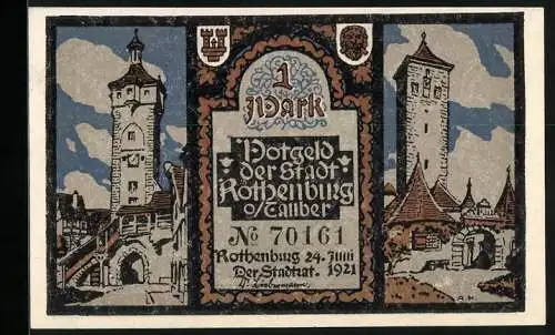 Notgeld Rothenburg o. Tauber 1921, 1 Mark, Kirchturm, Torturm